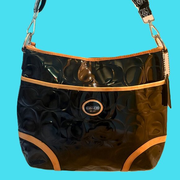 Coach Handbags - Vintage Coach Peyton Black Patent-Leather Shoulder Bag Tan Leather Trim